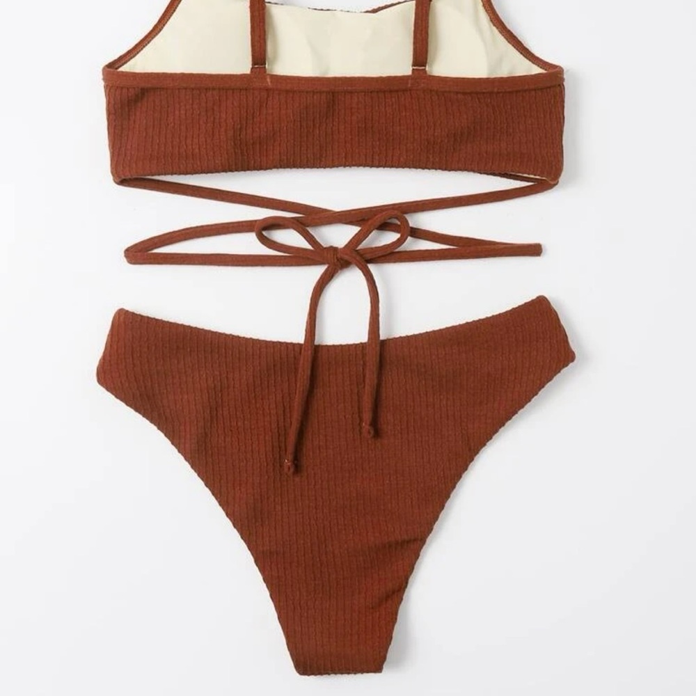 High waisted wrap bandeau ribbed strappy bikini red boho - Picture 4 of 4